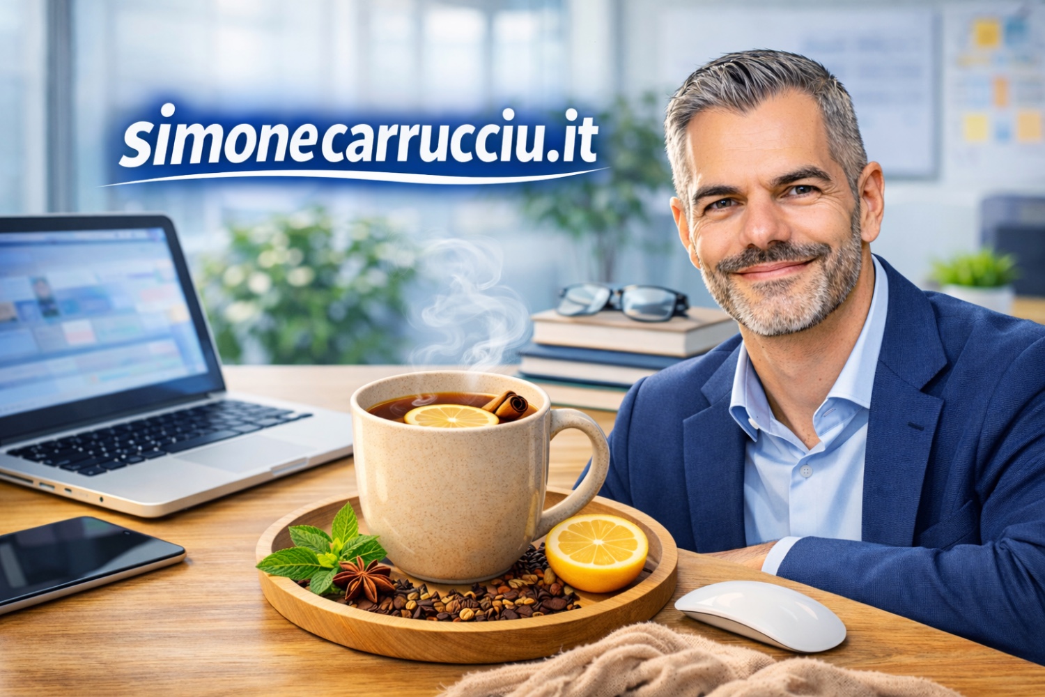 Simone Carrucciu al computer con una tazza di thè, immagine creata con l’AI